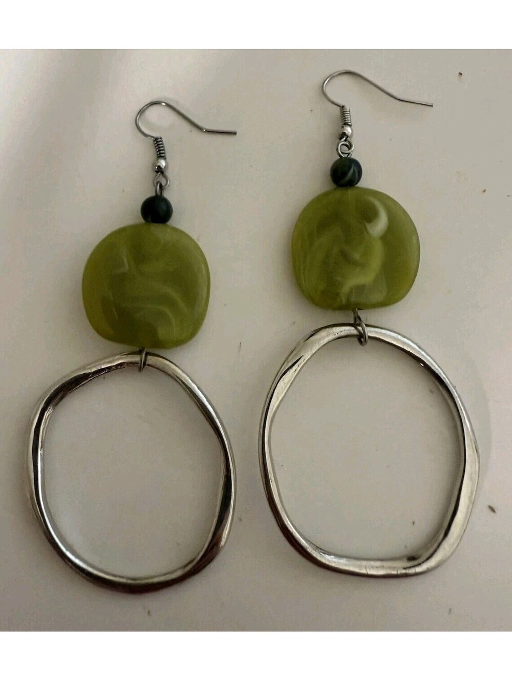Dangle Fashion Earrings Pierced Earwire Silver Green Stone Disc Abstract Hoop
